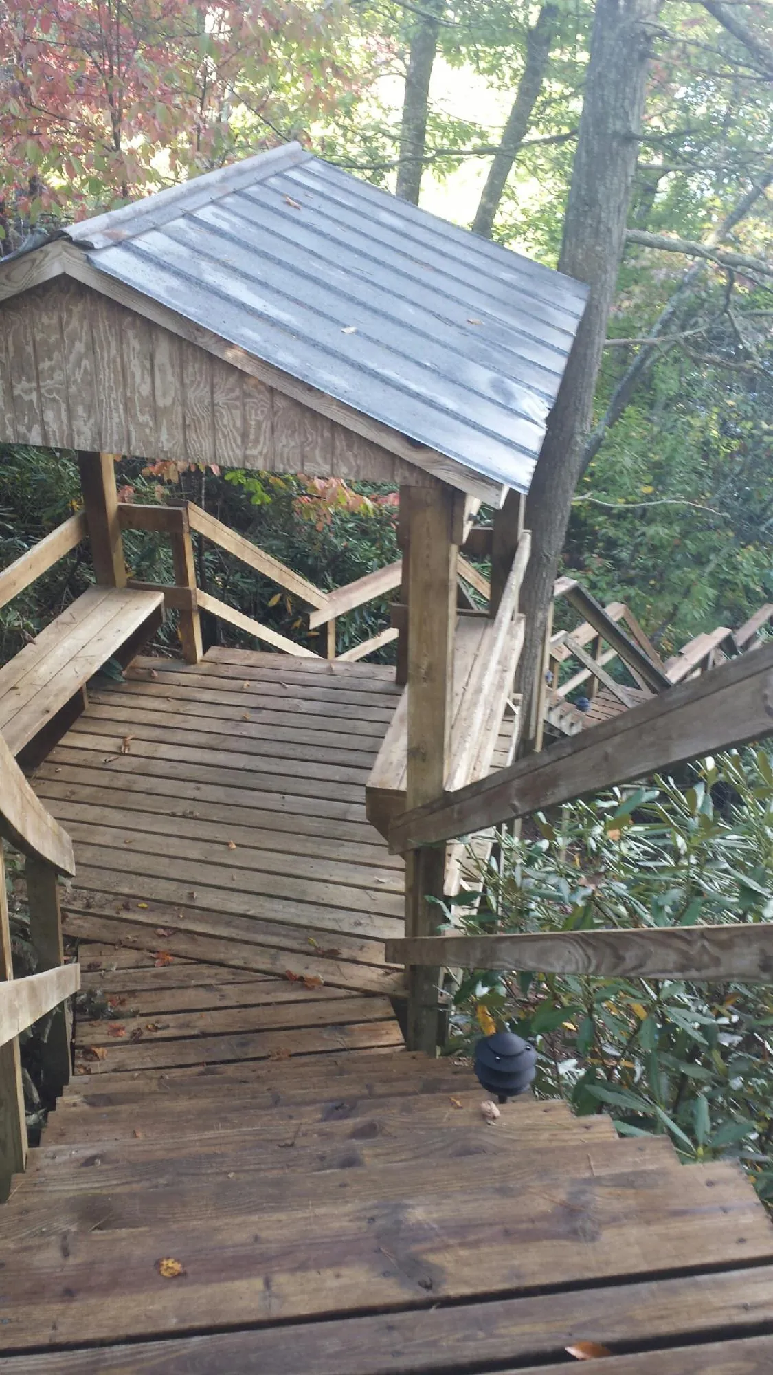 Metal roofed shelter over wooden steps on a wooded walkway — Skylight Repair & Installation work by our crew in Lynn Center